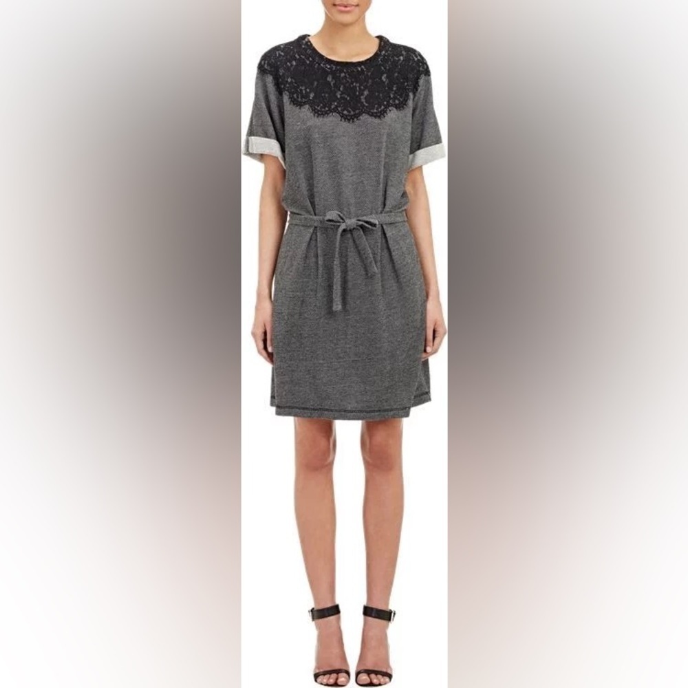 SEA New York Cotton Lace Belted Dress Sz M Short Sleeve Black Stripe Casual